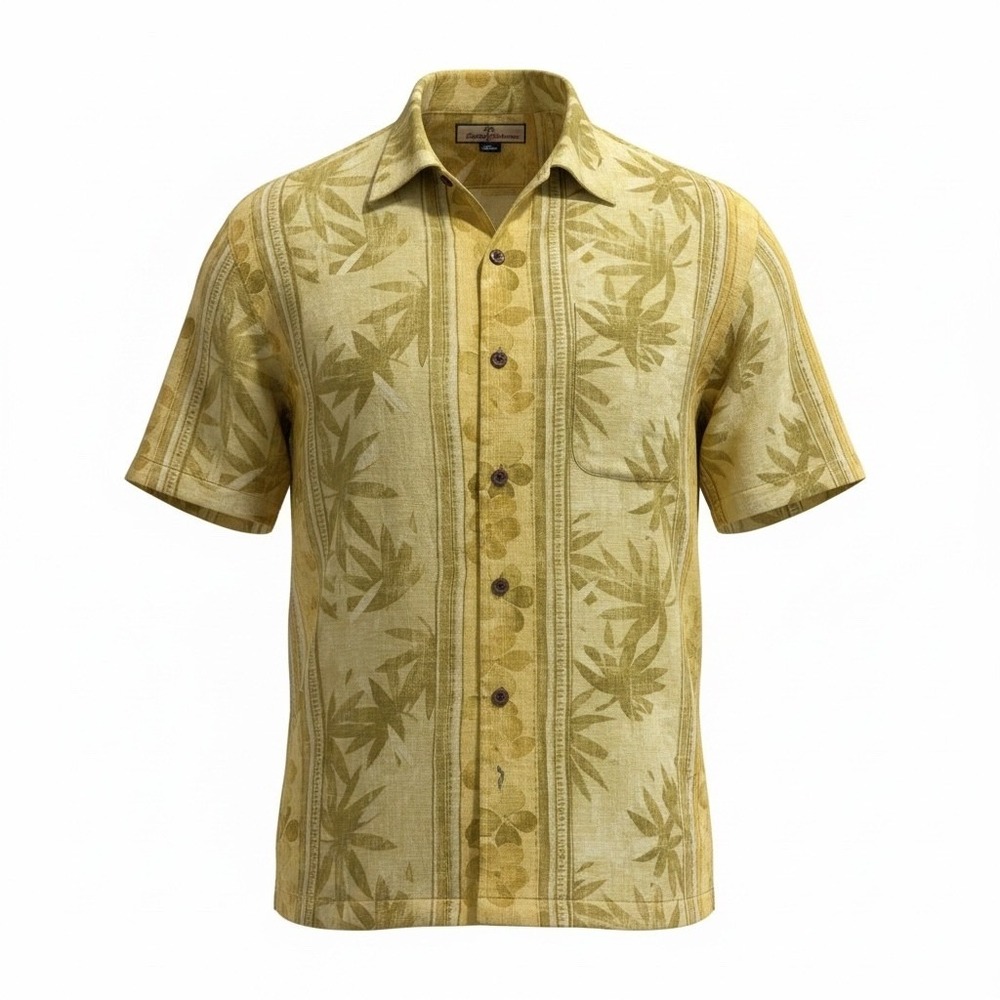 Tommy Bahama Mens Large 100% Linen Tropical Leaf Print Button Up Shirt‎ Yellow